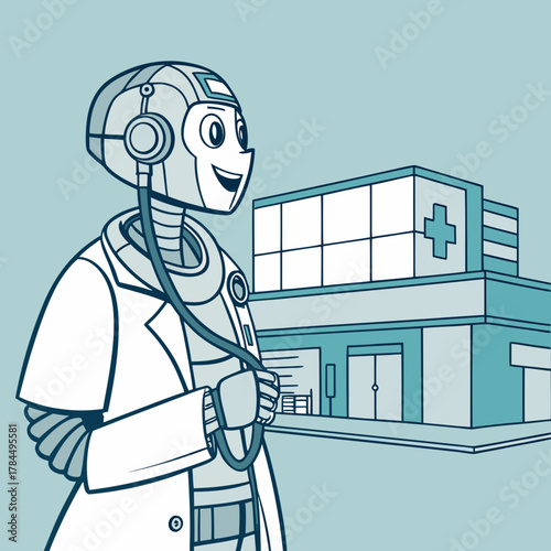 A friendly robot doctor with a stethoscope stands in front of a modern hospital, symbolizing the integration of technology in healthcare