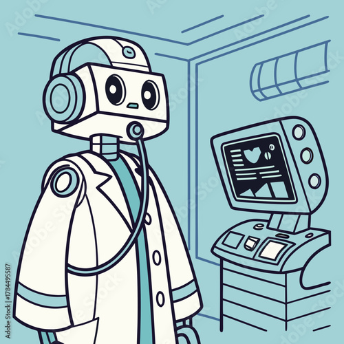 A robot doctor is examining a patients heart rate on a monitor, providing healthcare with advanced technology and a caring touch in the hospital