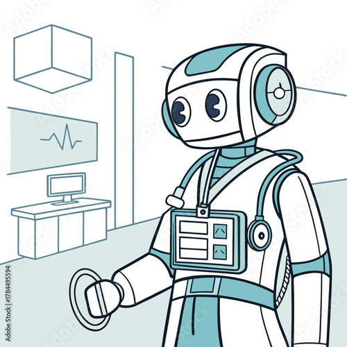 A futuristic robot doctor in a hospital setting, holding a digital device, represents the advancement of medical technology and patient care