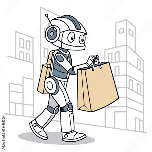 A friendly robot is delivering shopping bags in the city, walking with a determined stride, ready to provide efficient and reliable service