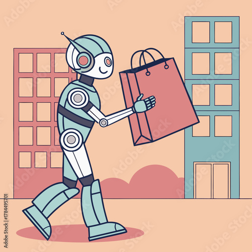 A cheerful robot is delivering a shopping bag in the city, walking with a smile, ready to provide a convenient and modern service