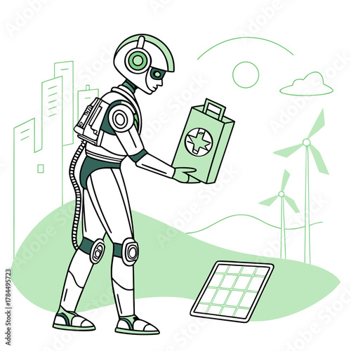 A futuristic robot carrying a first aid kit near solar panels and wind turbines, symbolizing advanced healthcare and green solutions