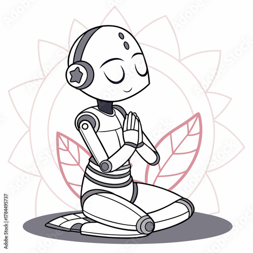 A cute robot meditates peacefully, radiating joy and contentment against a backdrop of delicate floral patterns, embodying serenity and balance