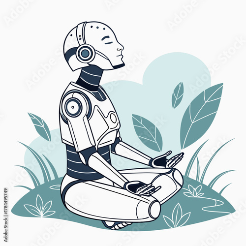 A serene robot finds inner peace through meditation in a lush garden, embracing mindfulness and tranquility in a digital age