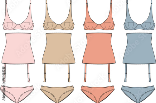 Collection of women's intimate apparel flat sketches. Four lingerie sets shown with underwire bra, garter belt, and panties in a soft color palette