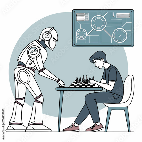 A robot and a young man are playing chess, the robot is leaning over the table to make a move, the man is sitting and thinking strategy