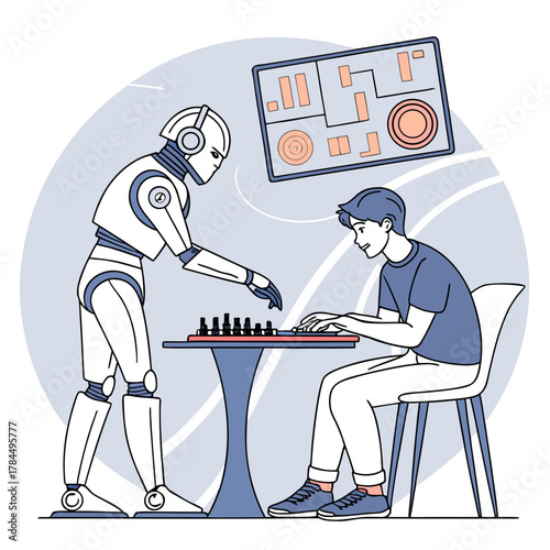 A robot and a young man are playing chess, the robot is leaning over the table to make a move, the man is sitting and thinking strategy