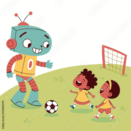 A robot is playing soccer with two children, the robot is kicking the ball, the children are running and laughing