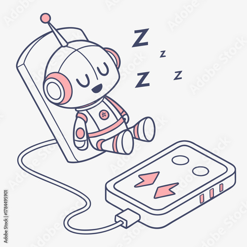 A cute robot is sleeping on a charging pad, recharging its batteries