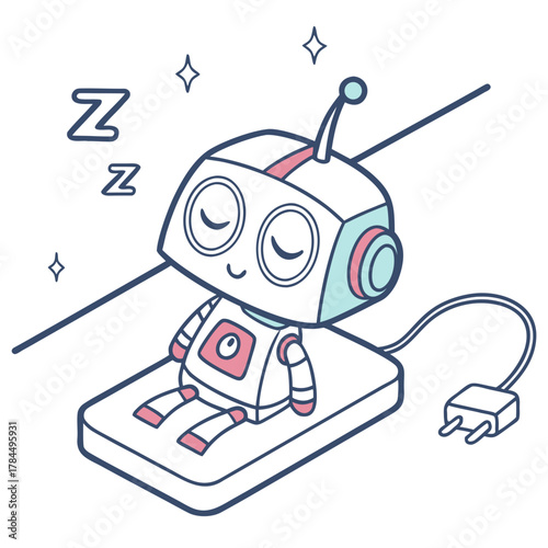 A cute robot is sleeping on a charging pad with zzz symbols above its head