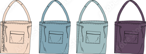 Four different styles of tote bags in different colors, each with a front pocket and shoulder strap, presented in a flat lay illustration