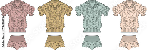 Pastel knit short-sleeved tops with cable detail and matching lace shorts, presented as women's fashion flat sketches for loungewear and intimate apparel designs