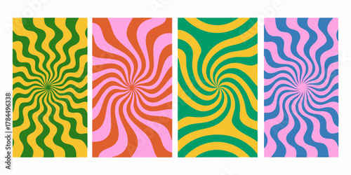 Four abstract psychedelic swirl patterns in vibrant retro color palettes for graphic design backgrounds