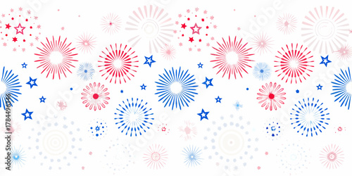 Seamless red white and blue fireworks and stars border pattern for celebrations