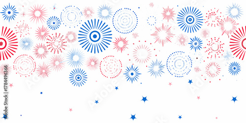 Festive red white and blue fireworks display celebrating independence day and patriotic holidays