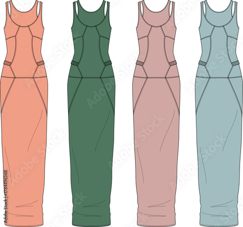 Four elegant sleeveless maxi dress designs in various pastel shades, featuring a flattering silhouette with tailored panels, ideal for contemporary fashion concepts and apparel design