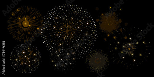 A collection of golden and white fireworks exploding against a dark black background