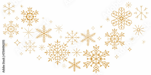 Elegant gold snowflake and star pattern on a clean white background for winter holidays and celebrations