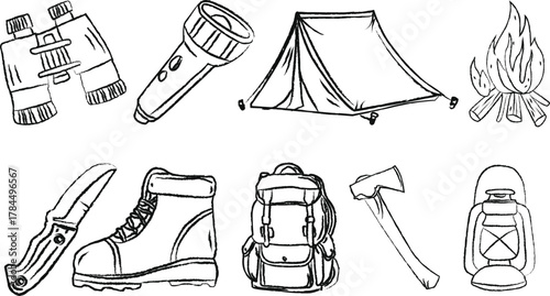 Hand Drawing Camping Gear Essentials Sketch Set – Hiking, Survival, and Outdoor Adventure Equipment Icons