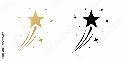 Golden and black shooting stars with trails and small star bursts on a white background