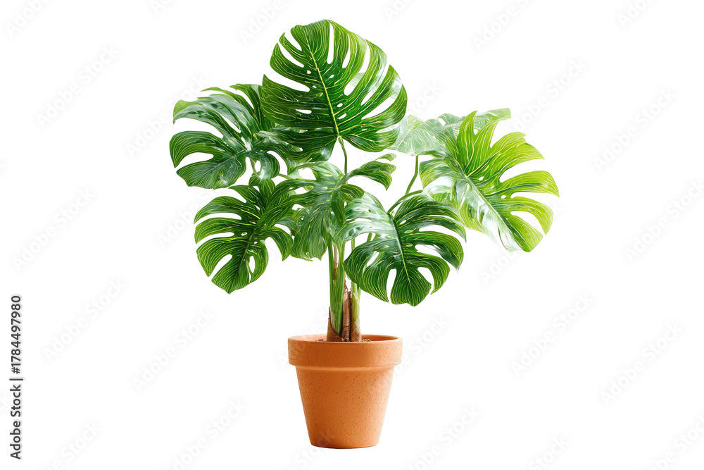Fototapeta premium Isolated Monstera deliciosa plant with large, split leaves in a terracotta pot against a black background