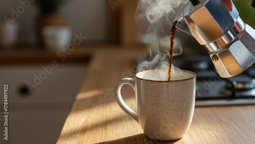 Close-up of hot coffee pouring from a stovetop espresso maker into a ceramic mug. Steam rises, highlighting warmth, freshness, and cozy morning routine at home