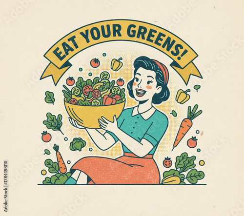 Vintage Woman Enjoying a Healthy Bowl of Fresh Salad, Encouraging a Nutritious Diet and Lifestyle Choice, Eat Your Greens Slogan