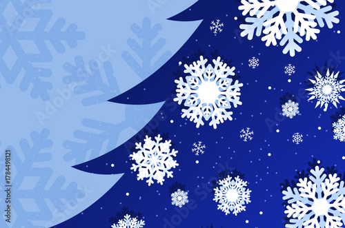 Navy blue winter snowflakes background with paper cut pine tree shape. Christmas backdrop with copy space.