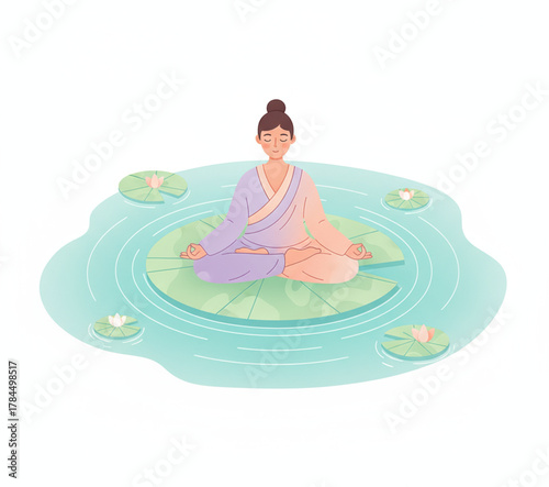 Woman meditating on a lotus flower in a tranquil pond with water lilies, promoting mindfulness and inner peace