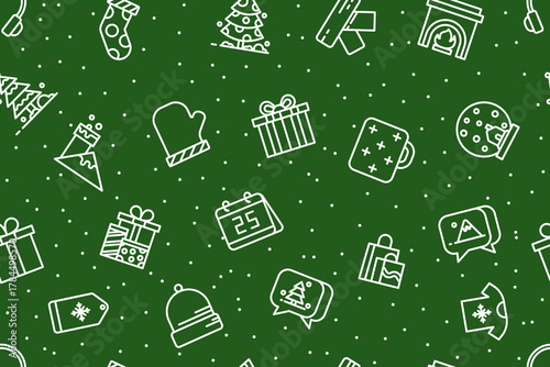 Line Winter icon seamless pattern green background. Christmas backdrop pattern.