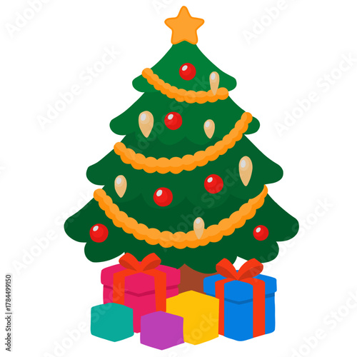 Wallpaper Mural A vibrant, cartoon-style illustration of a decorated Christmas tree standing upright, topped with a bright orange star Torontodigital.ca