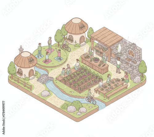 Isometric farm village scene with people enjoying outdoor activities like yoga and gardening, illustrating a sustainable lifestyle and community