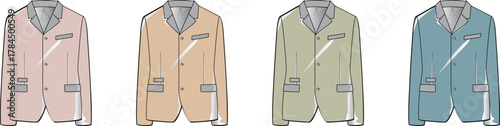 A stylish array of men's contemporary blazers in a variety of soft pastel shades, presented as versatile fashion illustrations suitable for design projects and modern wardrobe concepts