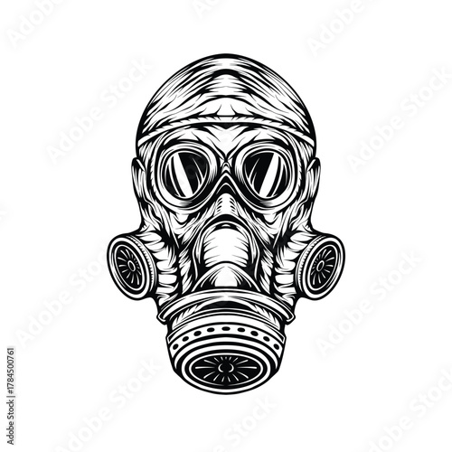 Detailed Black and White Gas Mask Illustration