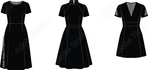 Modern short sleeve dress collection, minimalist women’s fashion design illustration, elegant A-line silhouette dress template for sewing pattern