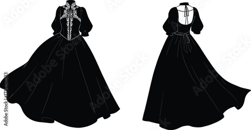 Elegant gothic long sleeve corset gown with embroidery details, vintage medieval inspired fashion dress design, flowing skirt vector illustration