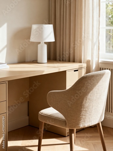 Modern home office interior with a wooden desk and upholstered chair. Vertical photo of a minimalist workspace with natural light from a window.