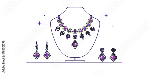 Elegant jewelry display featuring a necklace and earrings with purple and green accents on white background
