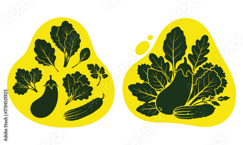 Fresh garden vegetables and leafy greens in abstract yellow shapes design