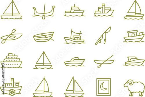 Collection of boat icons isolated on white background showcasing various water crafts like sailboats, fishing boats, cruise ships, and canoes for nautical designs