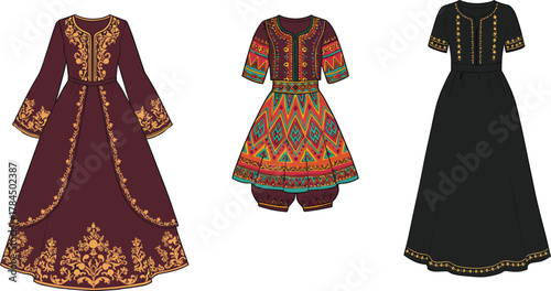 Elegant long evening dresses fashion design, cad drawing flat vector illustration with layered skirts, puff sleeves, and classic style inspiration