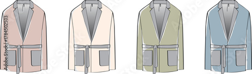 Diverse array of flat fashion illustrations showcasing elegant short robes or jackets, each presented in a unique pastel color palette, ideal for loungewear concepts and apparel design