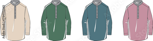 Collection of four flat vector illustrations featuring men's long-sleeve quarter-zip polo shirts in various colors, showcasing casual apparel designs for fashion templates and product mockups