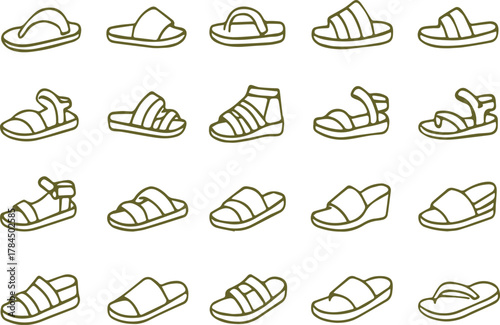 Sandal icons isolated on white background displaying various styles of footwear, including flipflops, slides, and strappy sandals for summer fashion