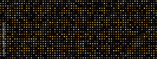 Gold and black disco background with scattered golden dots. Sparkling pattern features halftone circles, glitter particles across dark backdrop. Vector luxury design with premium texture elements.