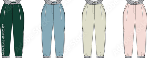 Collection of fashionable women's trousers in various pastel and deep earth tones, presented as fashion illustrations