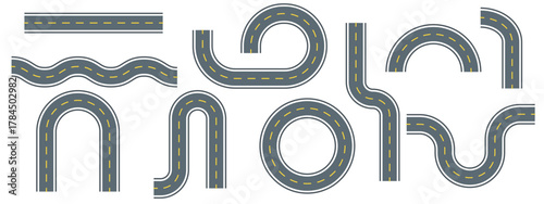 Highway elements collection with top view vector street segments featuring yellow lane markings. Asphalt track set includes straight paths, curved corners, junctions, circles. 
