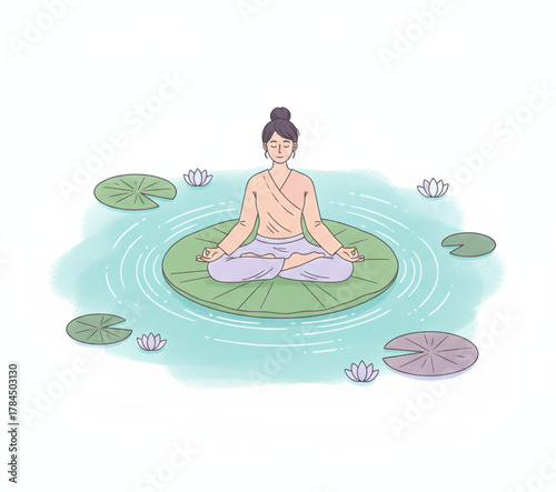 Achieving spiritual balance and mindfulness while meditating on a lotus leaf in a calm pond with water lilies