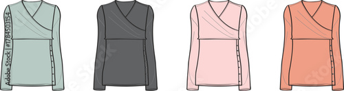 Collection of four women's crossover wrap blouses in different colors mint green, charcoal gray, light pink, and coral peach