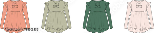 Collection of four long-sleeved girls' dresses in various pastel colors and eyelet lace detailing